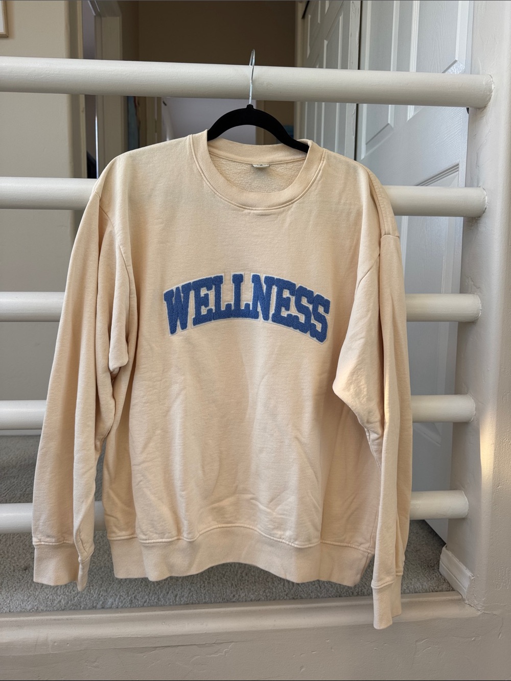 Sporty & Rich Cream 'WELLNESS' Crewneck Sweatshirt with Blue Logo